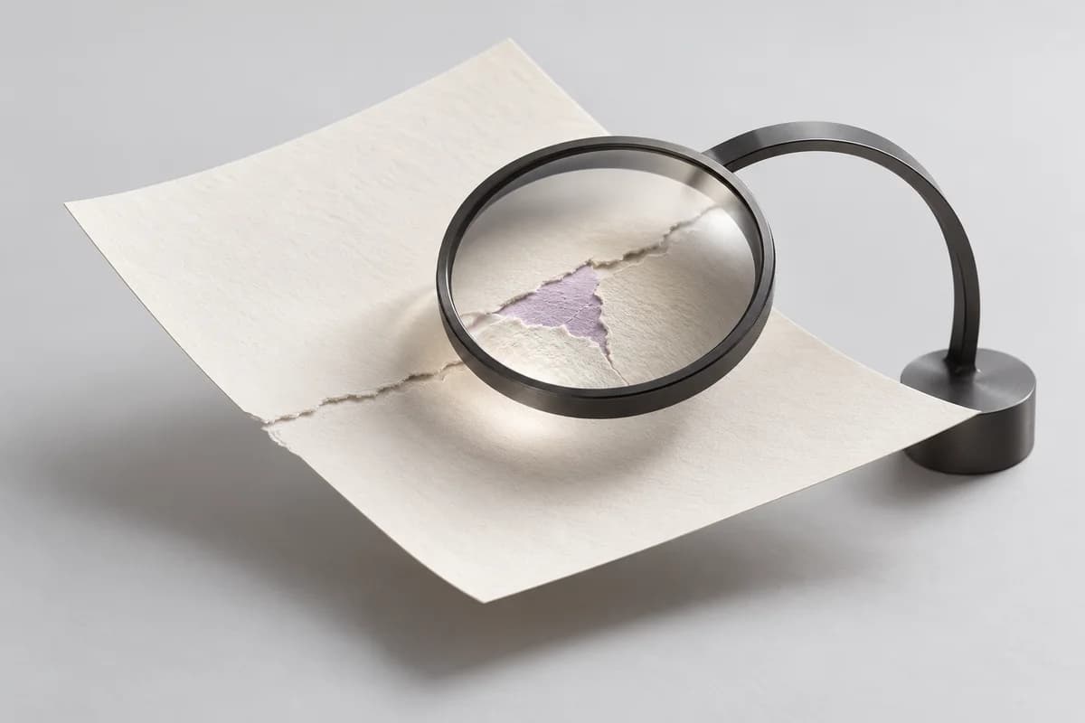 A glass lens examining a lavender fragment in an ivory document.