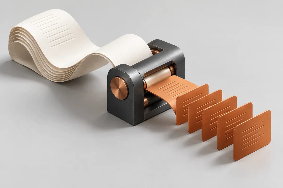 A folded document passing through a graphite aperture into copper tiles.
